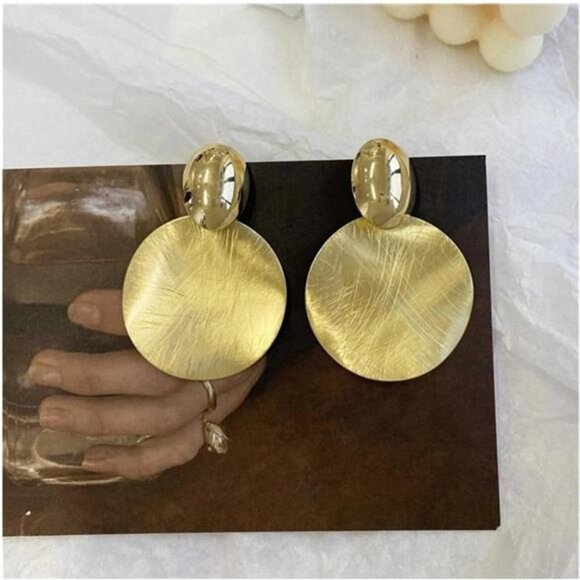 Gold Disc Round Drop Earrings Circular Dangle Earrings Round Stud Jewelry - Picture 6 of 6